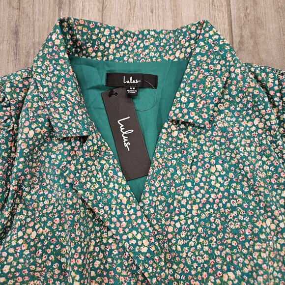 Lulus Dress Womens Size XS Totally Cute Time Green Floral Collared Wrap Mini NEW - Picture 7 of 15